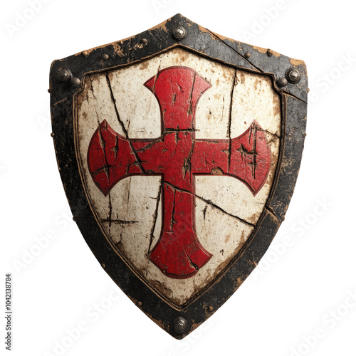An antique shield with a red cross design on a weathered surface, perfect for historical themes and medieval decor.