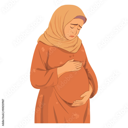 Hijabi Malay woman suffering from stomach pain