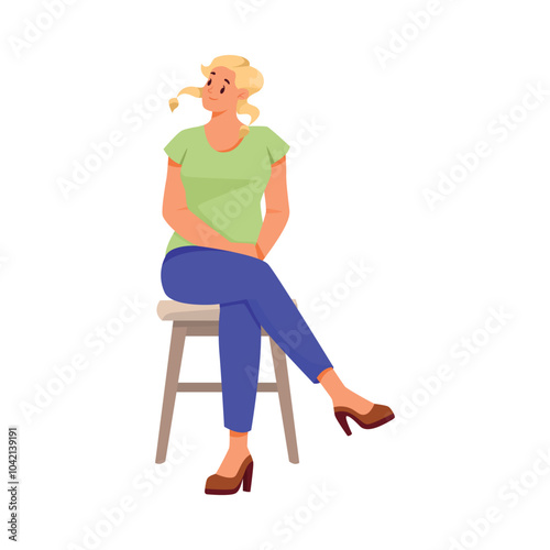 Woman Character Sitting on Chair and Listen Vector Illustration