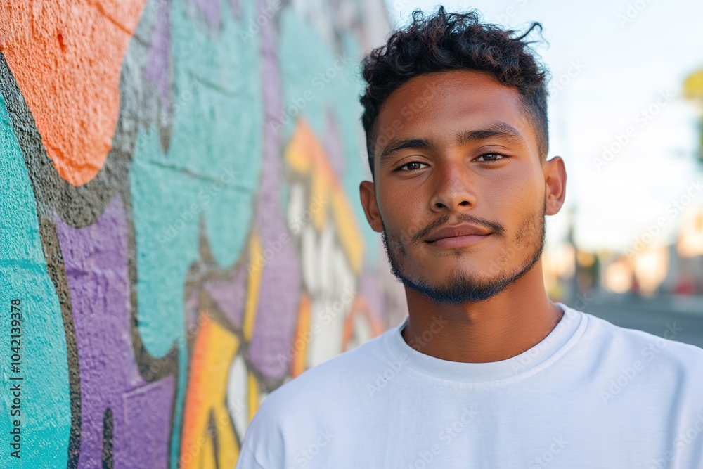 Obraz premium Young man with graffiti wall in urban setting