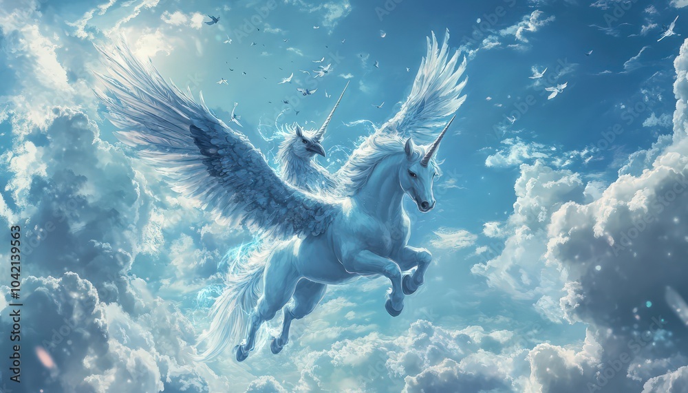 A unicorn and a giant bird flying side by side in the clouds, with magical energy connecting them A unicorn and a giant bird flying side by side in the clouds, with magical energy connecting them
