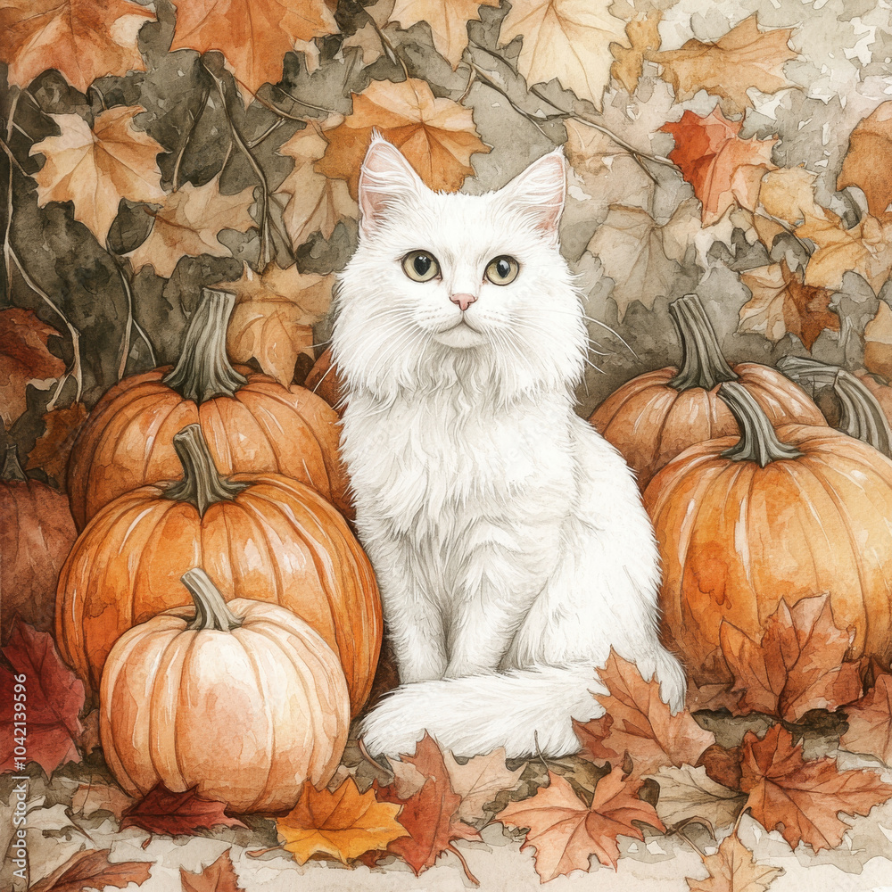 A delightful watercolor depiction of an elegant white cat sitting gracefully beside a collection of pumpkins, surrounded by fallen autumn leaves. The hand-painted illustration creates a serene autumn A delightful watercolor depiction of an elegant white cat sitting gracefully beside a collection of pumpkins, surrounded by fallen autumn leaves. The hand-painted illustration creates a serene autumn