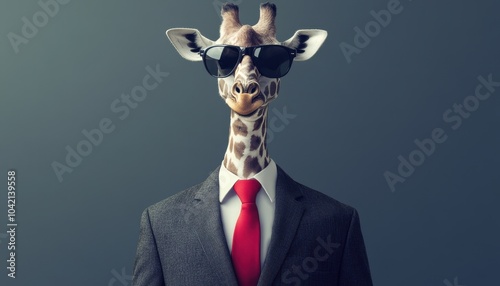 A stylish giraffe wearing sunglasses and a suit, exuding a humorous and confident aura.