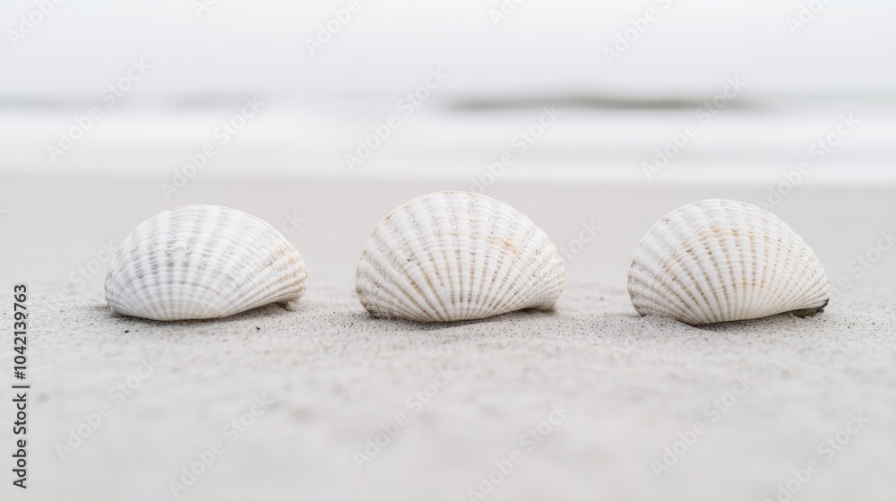 Three White Seashells on a Sandy Beach