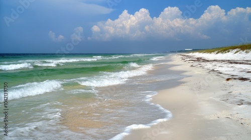 Tranquil Beach with Gentle Waves and Cloudy Skies