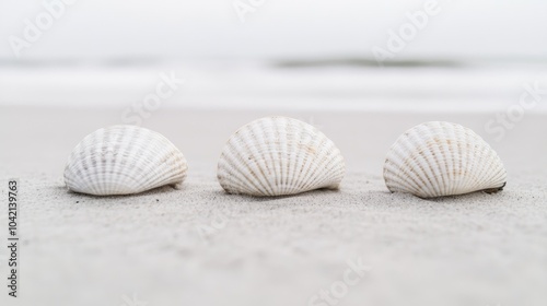 Three White Seashells on a Sandy Beach