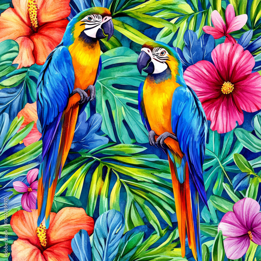 Obraz premium A tropical seamless pattern featuring colorful parrots, large palm leaves, and vivid flowers in watercolor. The intricate botanical design captures the beauty of the rainforest, making it ideal for