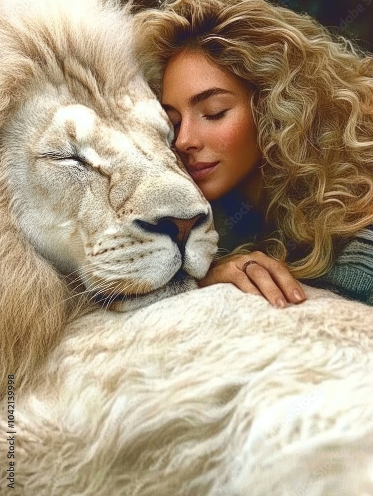 Peaceful Woman Embracing a White Lion in a Hyper-Realistic, Dreamlike Portrait Peaceful Woman Embracing a White Lion in a Hyper-Realistic, Dreamlike Portrait