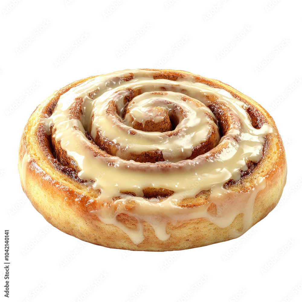 Fototapeta premium Delicious cinnamon roll with creamy icing on a white isolated background.