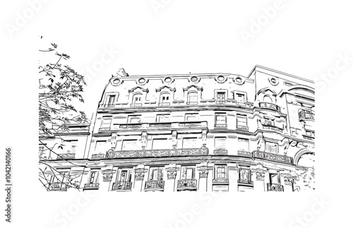 Building view with landmark of Buenos Aires Argentina. Hand drawn sketch illustration in vector.