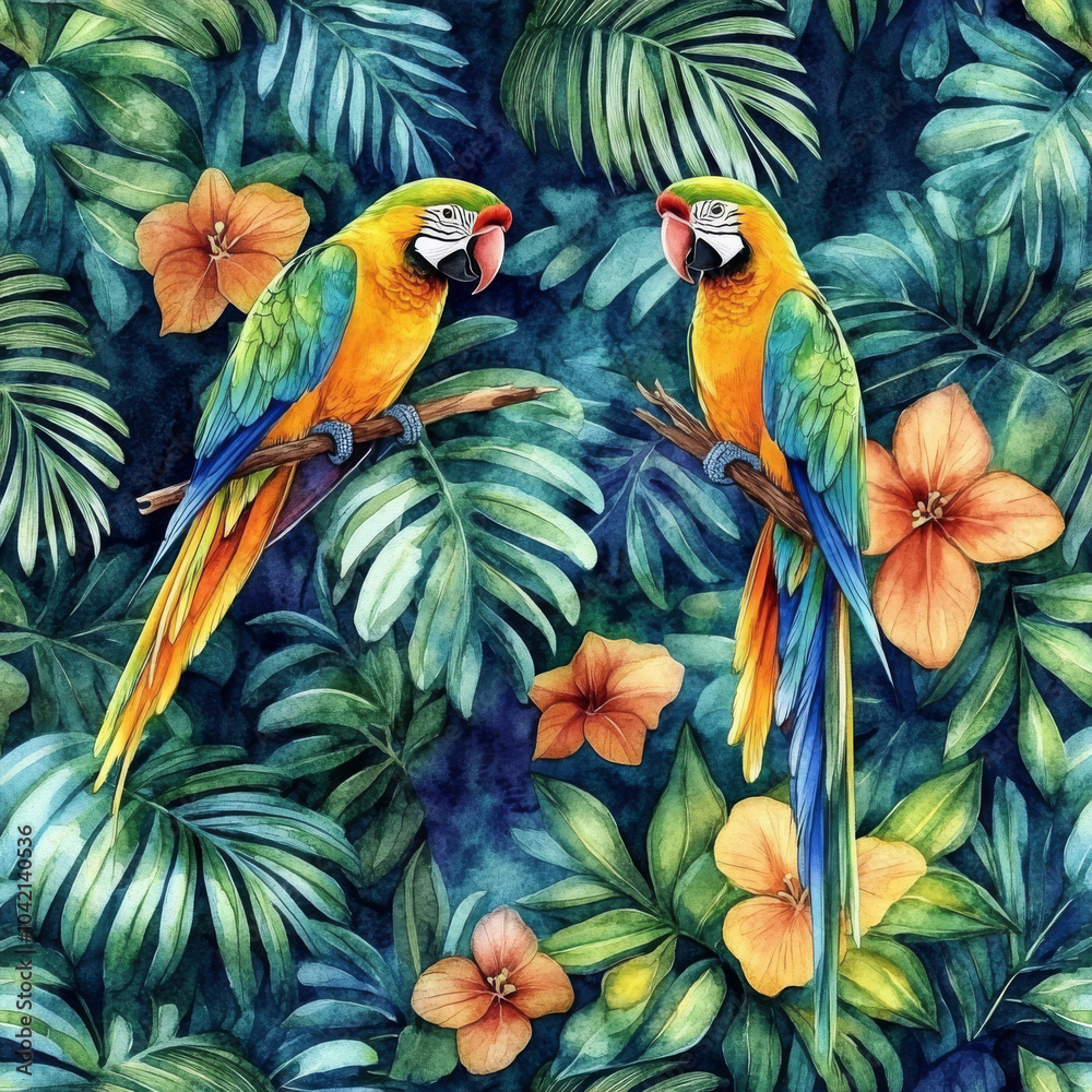 Fototapeta premium A detailed watercolor illustration of a tropical paradise with parrots, palm leaves, and exotic flowers. The seamless pattern creates a lush botanical backdrop, blending vibrant colors for a beautiful