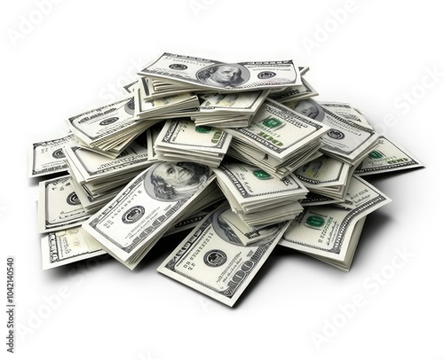 A pile of stacked banknotes isolated on white background, symbolizing wealth and financial resources. photo