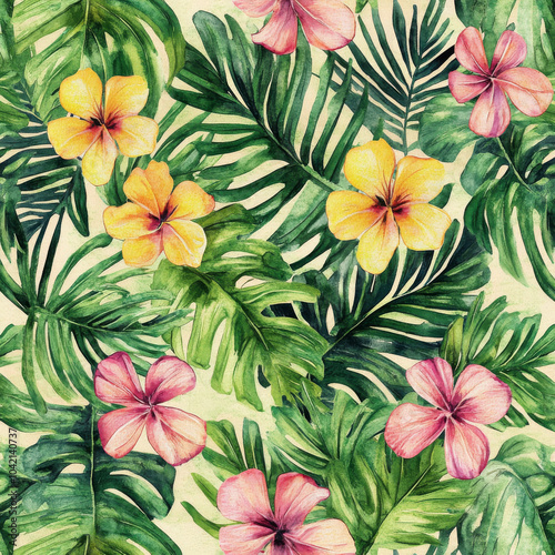 A delicate watercolor Hawaiian pattern featuring tropical palm leaves and exotic flowers, arranged in a seamless botanical background. The design is filled with rich, tropical greens and floral pops