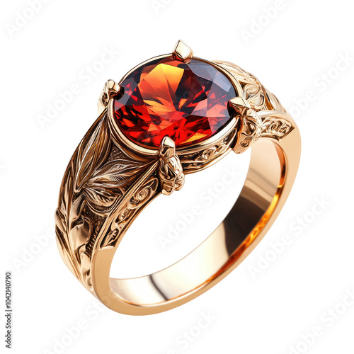 Elegant vintage ring with a red gemstone, crafted in gold, showcasing intricate floral designs. Perfect for engagement or fashion.