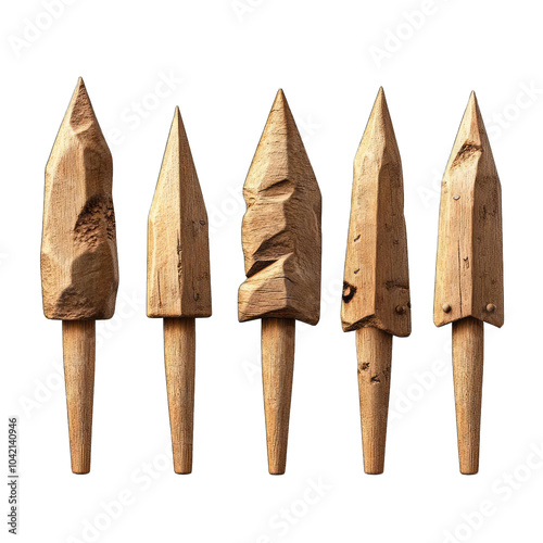 Five unique wooden spears on a white isolated background, showcasing craftsmanship and natural textures. photo