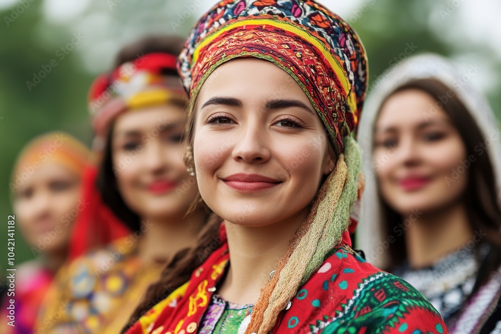 Smiling woman in traditional attire with group Smiling woman in traditional attire with group