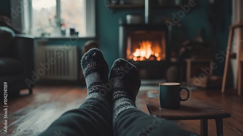 A person wearing cozy socks with patterns is sitting by the fireplace, sipping on hot cocoa while they warm up their feet in front of it.
