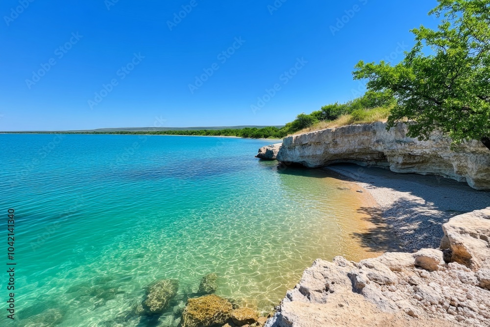 3D rendering of Marfa’s coastline, with vibrant colors and intricate details of the rocky shores and clear waters 3D rendering of Marfa’s coastline, with vibrant colors and intricate details of the rocky shores and clear waters