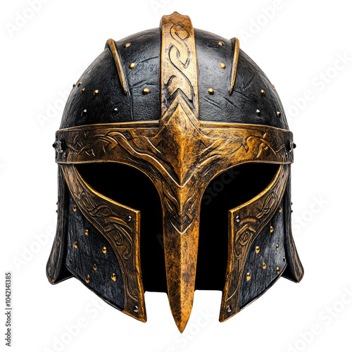 Intricate ancient warrior helmet with a distinct design, showcasing detailed craftsmanship against a white isolate background.