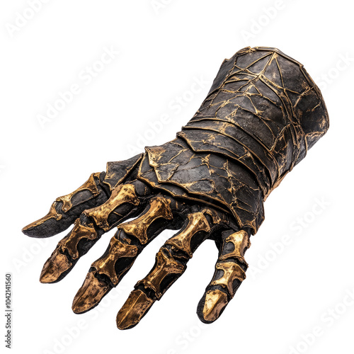 Intricate fantasy metal glove with sharp fingers, perfect for costume design, cosplay, or themed events, isolated on a white background.
