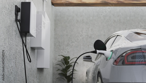 Electric Car Charging with EV charger at home, ev charger working and show status on the screen, 3d rendering