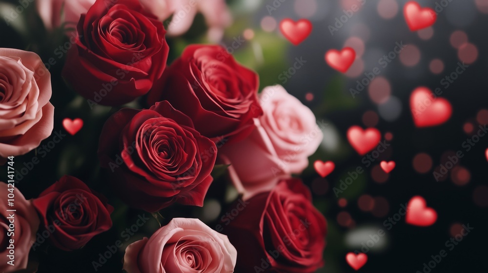 A close-up of red and pink roses with glowing red hearts floating around, set against a dark blurred background, evoking feelings of love and romance in a warm and intimate setting A close-up of red and pink roses with glowing red hearts floating around, set against a dark blurred background, evoking feelings of love and romance in a warm and intimate setting