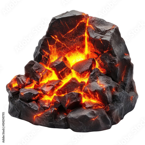 Lava rock formation with glowing molten material, isolated on a white background.
