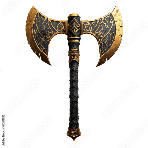 Ornate double-headed axe with intricate designs, isolated on a white background. photo