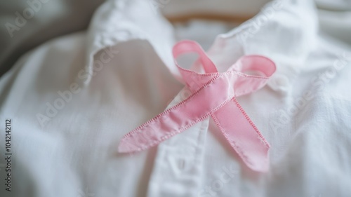 Close-up of a pink ribbon pinned on a white shirt, symbolizing breast cancer awareness with soft light and a hopeful, calm mood for charity and health representation. Breast Cancer Awareness Month