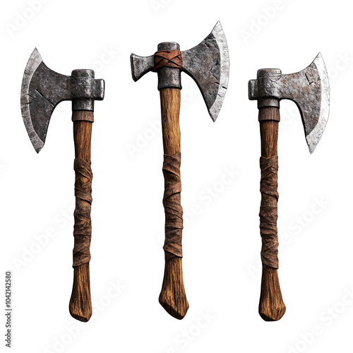 Three rustic axes with wooden handles on a white isolate background. photo