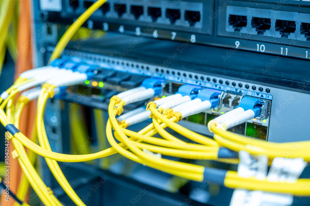 Detail shots of the server room. Firewall, fiber and RJ-45 cable image. Close-up Server. Cybersecurity and server concept. Fiber Internet, RJ45 Cable and detailed server images. Detail shots of the server room. Firewall, fiber and RJ-45 cable image. Close-up Server. Cybersecurity and server concept. Fiber Internet, RJ45 Cable and detailed server images.