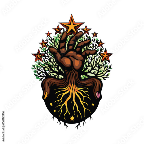 A human hand morphing into tree roots, grounded in the earth, surrounded by stars.