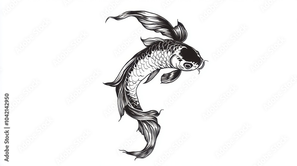 Detailed black line tattoo of a koi fish swimming upwards, sharp and elegant on a white background. - Detailed black line tattoo of a koi fish swimming upwards, sharp and elegant on a white background. -