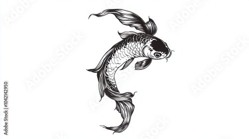 Detailed black line tattoo of a koi fish swimming upwards, sharp and elegant on a white background. -