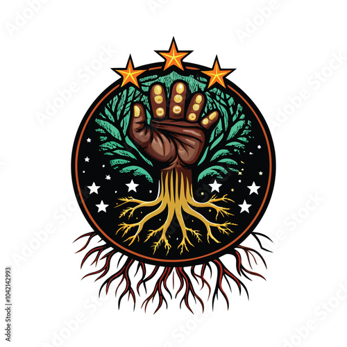 A stylized hand morphs into a tree trunk with roots growing out, surrounded by leaves and three stars above.