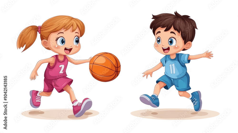 Little boy and girl playing basketball isolated on transparent background Little boy and girl playing basketball isolated on transparent background