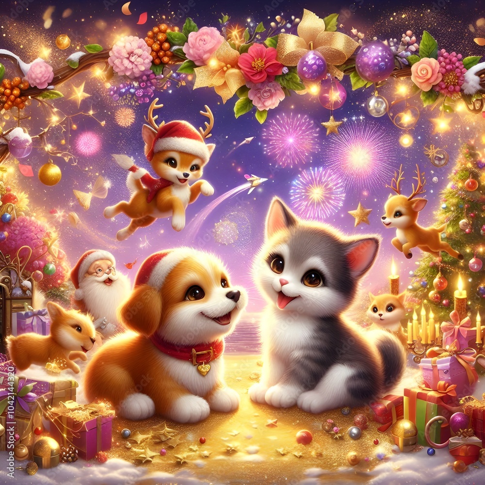 Fototapeta premium Cute Kitten and Puppy in Festive Christmas Setting