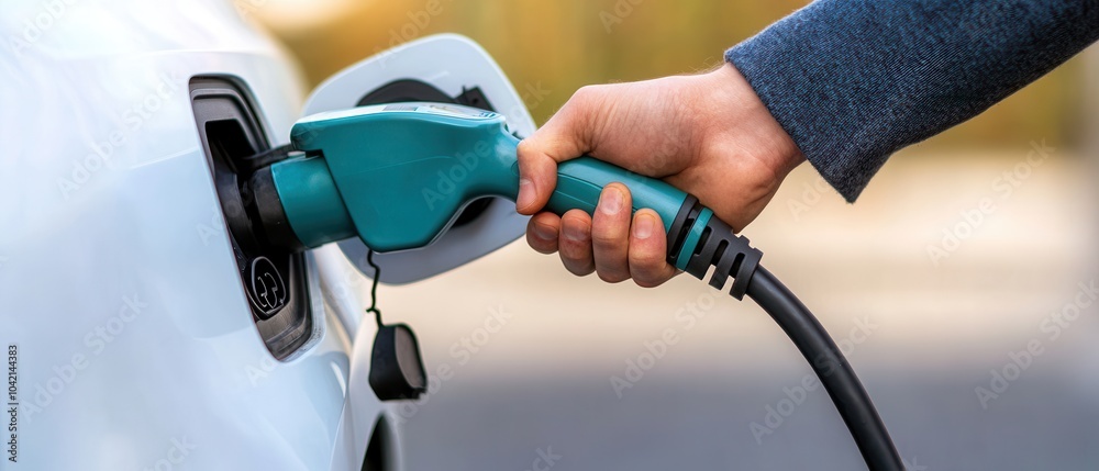 A hand holds a charging plug, connecting it to an electric vehicle, symbolizing the transition to sustainable energy and modern transportation. A hand holds a charging plug, connecting it to an electric vehicle, symbolizing the transition to sustainable energy and modern transportation.