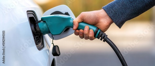 A hand holds a charging plug, connecting it to an electric vehicle, symbolizing the transition to sustainable energy and modern transportation.