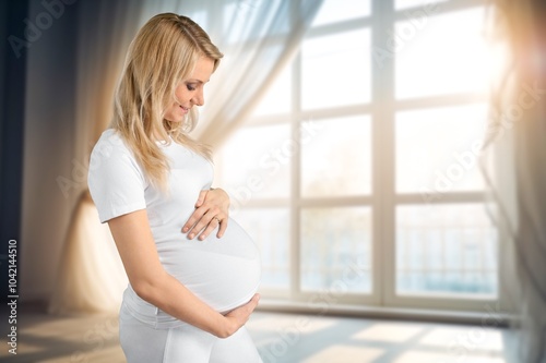 Free Download Pregnant, happy young woman hold stomach - GFXLoad