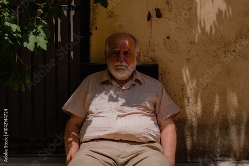 An old man, sitting in the sun in a quaint courtyard. photo