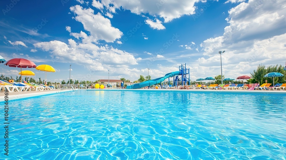 Bright summer day at a resort pool with water slide and colorful umbrellas under a blue sky Bright summer day at a resort pool with water slide and colorful umbrellas under a blue sky