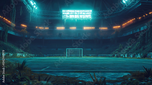 Achievement medal shining on empty, overgrown stadium, post-apocalyptic atmosphere with neon lights & metallic textures, blend sports & dystopia in cg 3d artwork. Neon Graffiti. Illustration