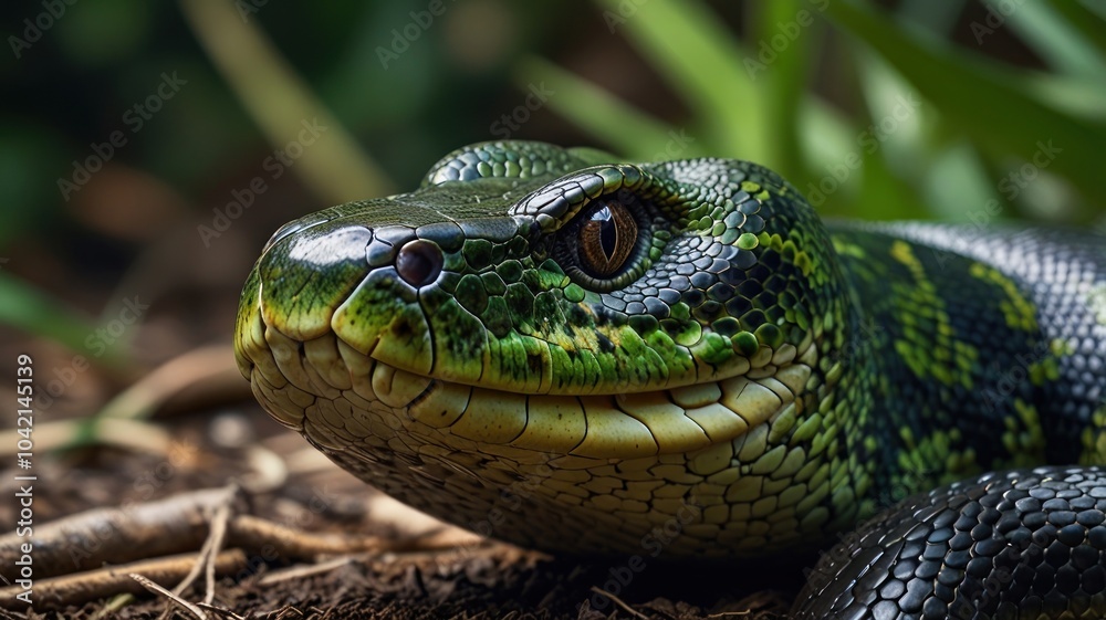 A close-up portrait of a green snake with a sharp gaze, its scales shimmering in the sunlight. A close-up portrait of a green snake with a sharp gaze, its scales shimmering in the sunlight.