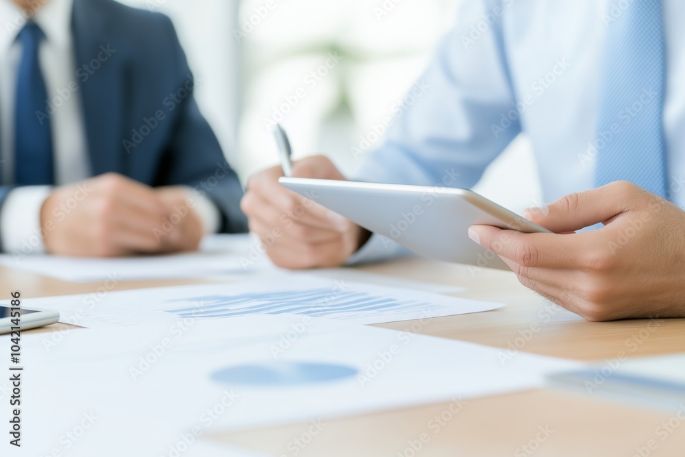 Young man presenting benchmarking report on tablet during business meeting in modern office setting Young man presenting benchmarking report on tablet during business meeting in modern office setting