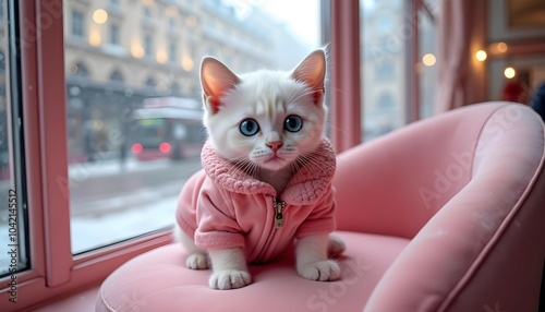 Cute pastel pink baby cat with expressive green eyes dressed in a glittering pink jacket lounging in a trendy pink cafe, window wide open showcasing a snowy view of London, realistic artwork, finely d photo