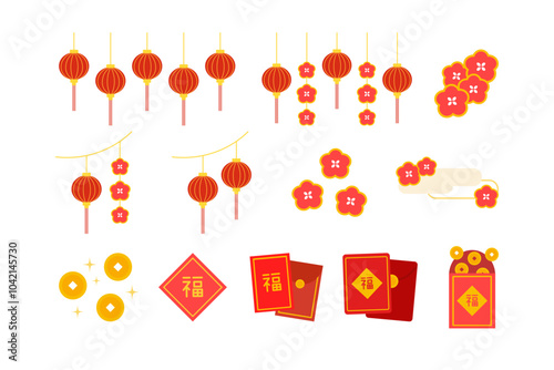 Chinese new year decoration set. Hanging lantern banner, red envelopes, blessing fu script. Traditional holiday celebration concepts. Flat decorative vector design isolated illustration.