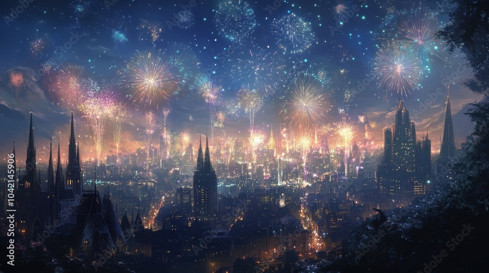 Obraz premium Detailed depiction of fireworks illuminating a bustling city skyline, with intricate bursts and sparkling trails in the night sky.