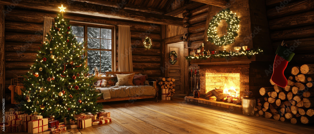 A cozy log cabin decorated for Christmas, featuring a beautifully lit tree, a warm fireplace, and festive decorations, creating a welcoming holiday atmosphere. A cozy log cabin decorated for Christmas, featuring a beautifully lit tree, a warm fireplace, and festive decorations, creating a welcoming holiday atmosphere.