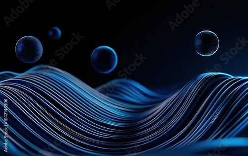 Abstract visualization of blue waves and spheres floating in a dark environment, showcasing a blend of technology and art photo